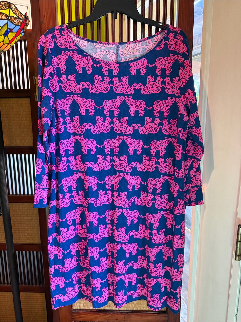 Lilly Pulitzer Navy and Hot Pink Elephant-Print Long Sleeve Shift Dress